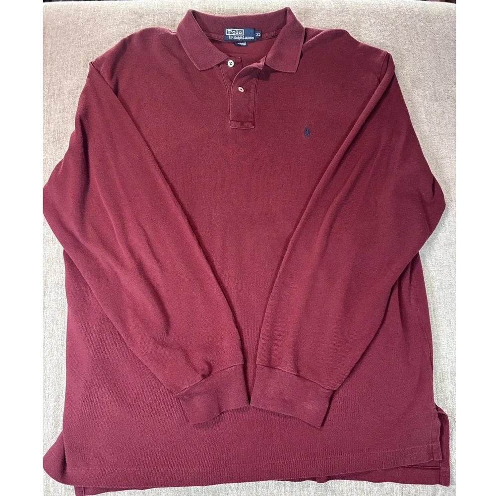 Polo Ralph Lauren Mens XL Burgundy Long Sleeve Pique Cotton Polo Shirt Maroon